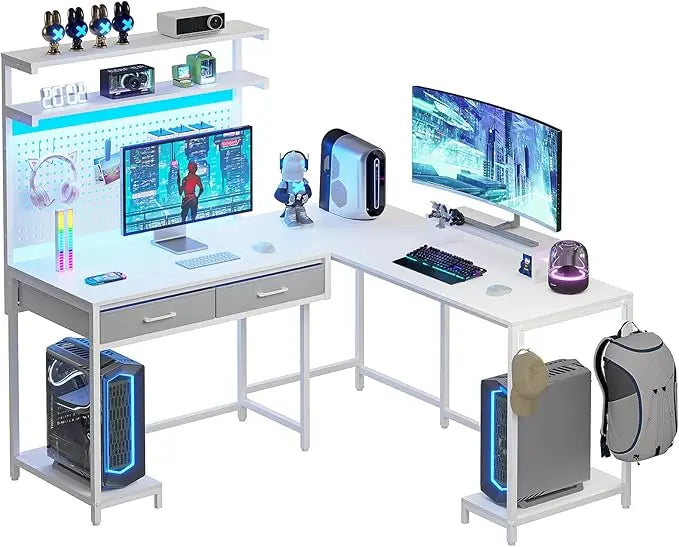 EMMA Gaming Desk with LED Lights, Pegboard, Drawers & Monitor Stand - 54.3"W