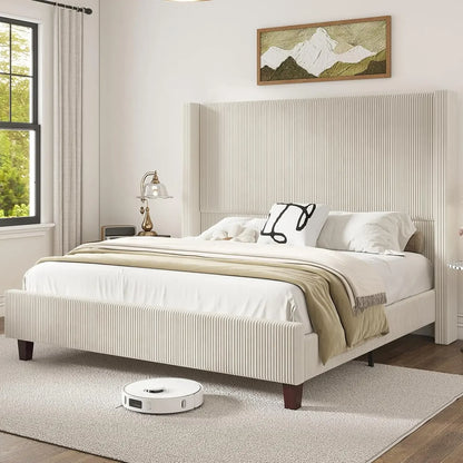 ELLA Modern 61" Corduroy Upholstered Platform Bed Frame with Wingback Headboard, No Box Spring Needed