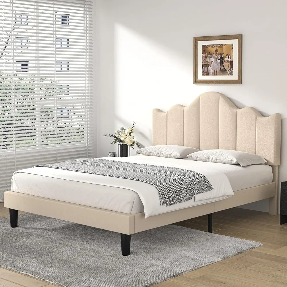 VIOLET Modern Curved Full Size Upholstered Platform Bed Frame 56'' Wide – Adjustable Headboard