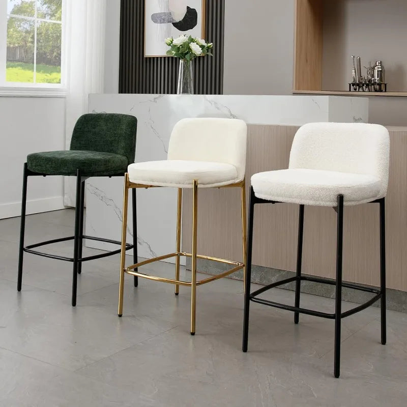 Modern White Sherpa Counter Stools with Black Metal Legs, 26" Upholstered Counter Height Bar Stools with Curved Back