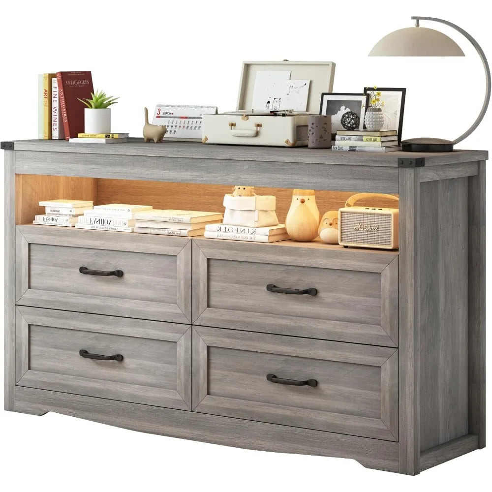 EVIE Rustic LED Bedroom Dresser – 4 Drawer Wooden Storage Chest with Open Shelf | 47.2'' W