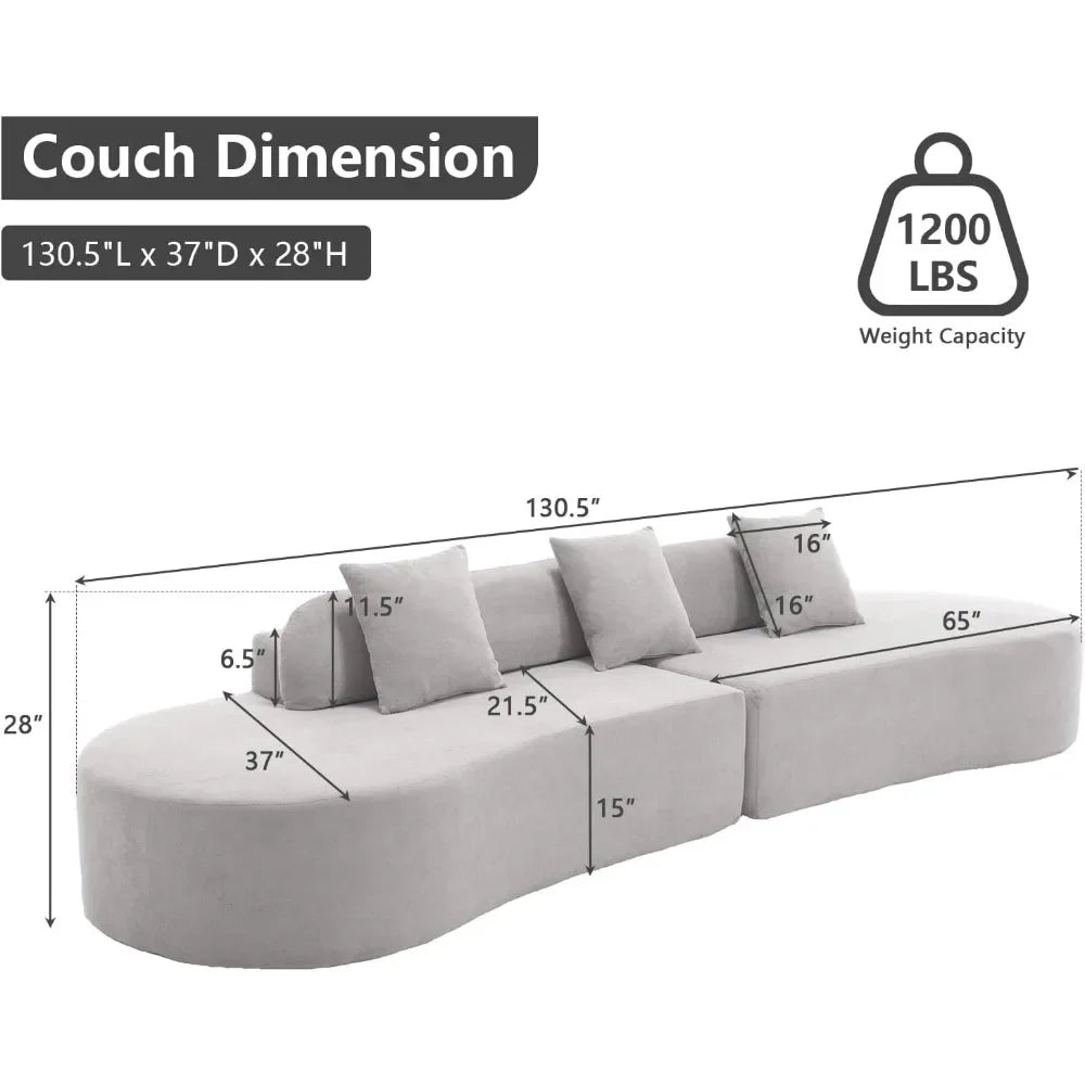 Minimalist Modern 4-Seater Curved Sectional Sofa – Terrycloth Fabric Couch – 130.5" Wide