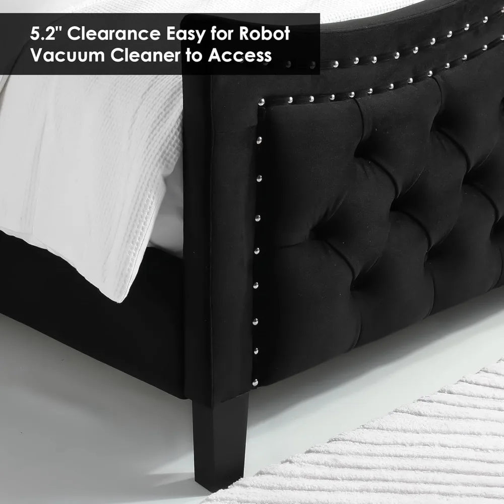 AVERY King Bed Frame, 55" Headboard Upholstered Bed with Tall Footboard, Velvet Handmade Pleats