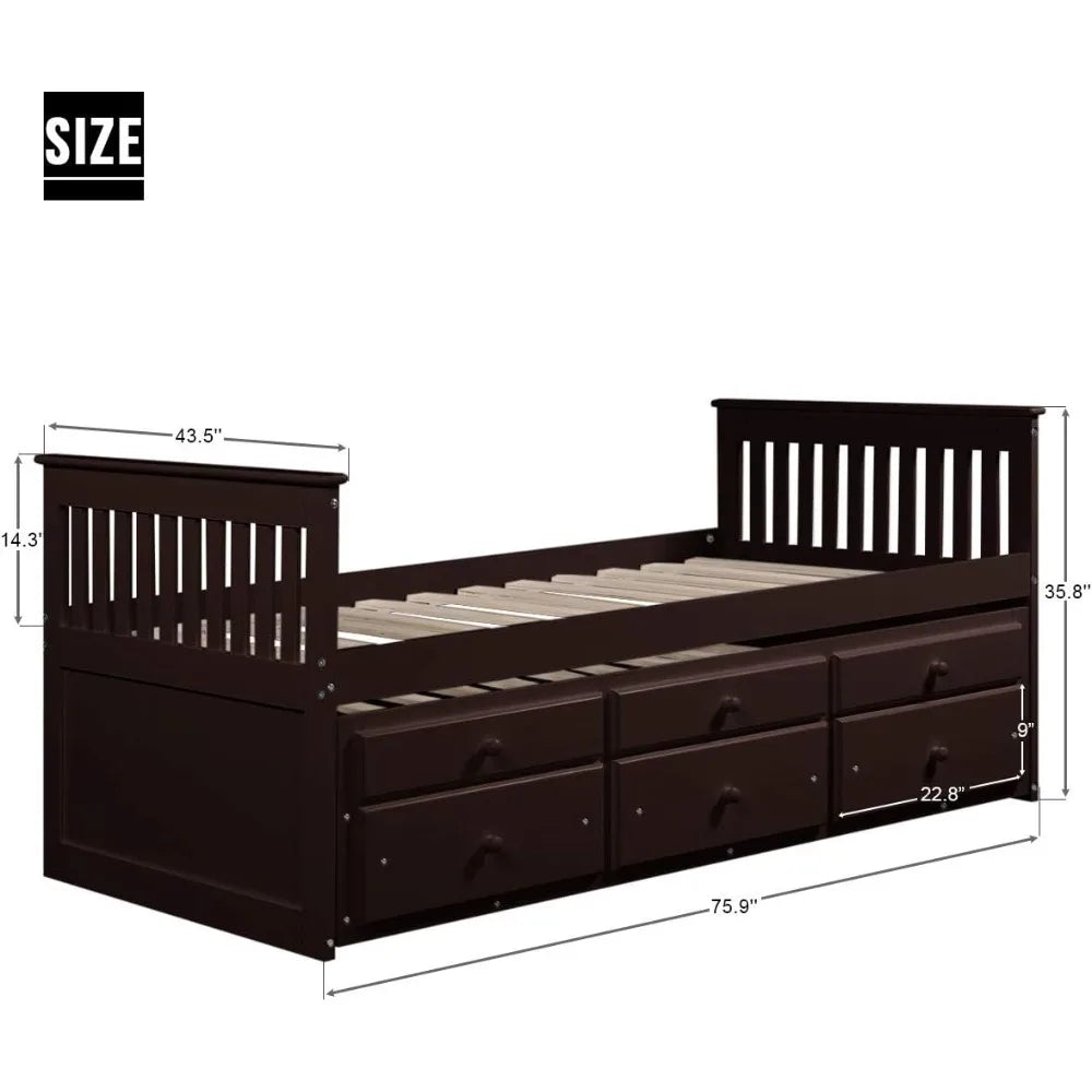 SAGE Espresso Twin Captain’s Bed with Trundle & Storage Drawers - 75.9''