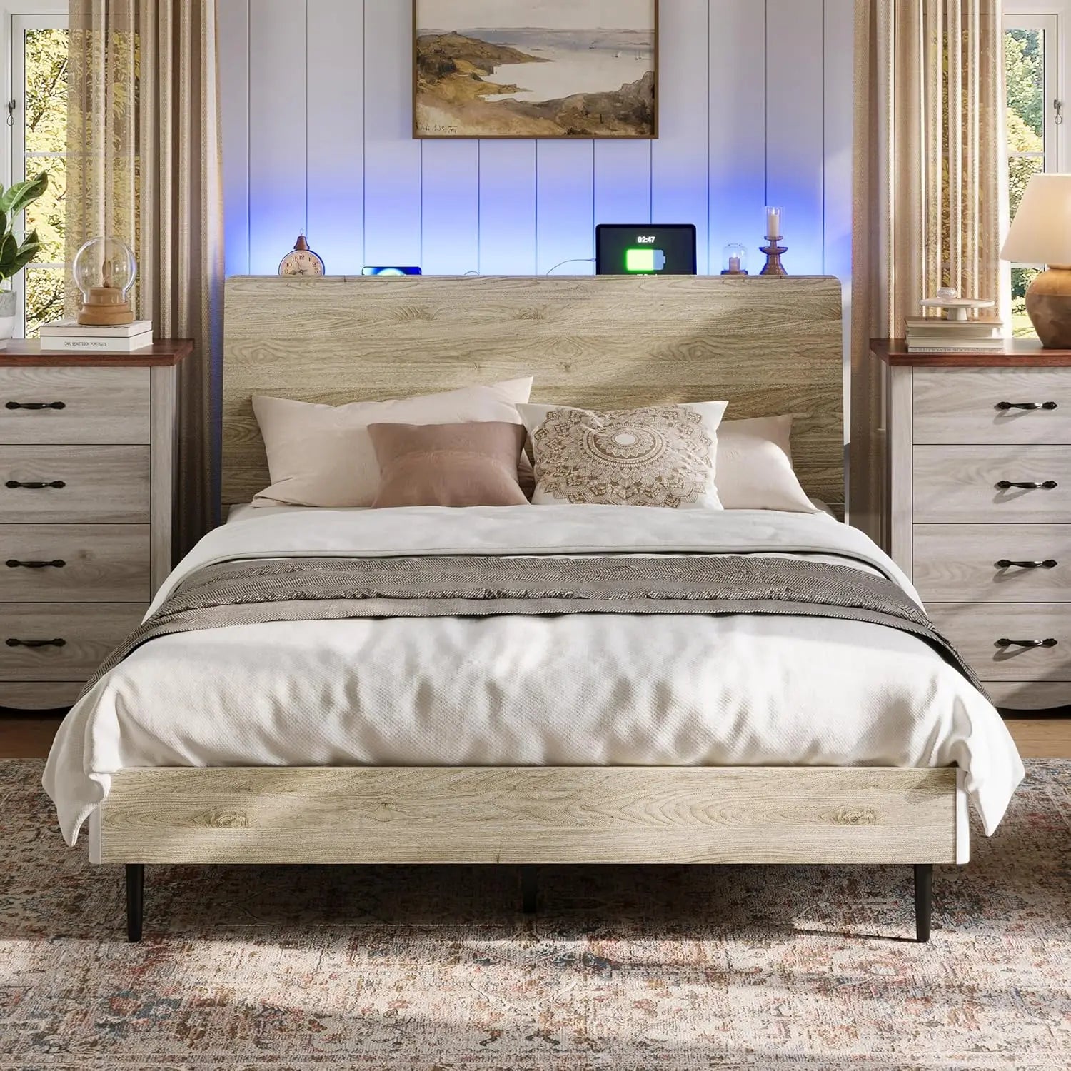 BRIELLE Modern Wooden Bed Frame with RGB Lights & Charging Station - 56.3''