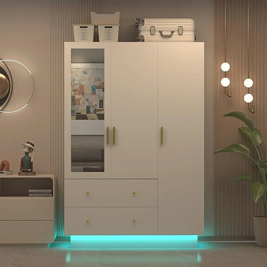 FELICITY Modern LED Mirror Wardrobe Closet – 47.2" Wide Wooden Armoire with Drawers