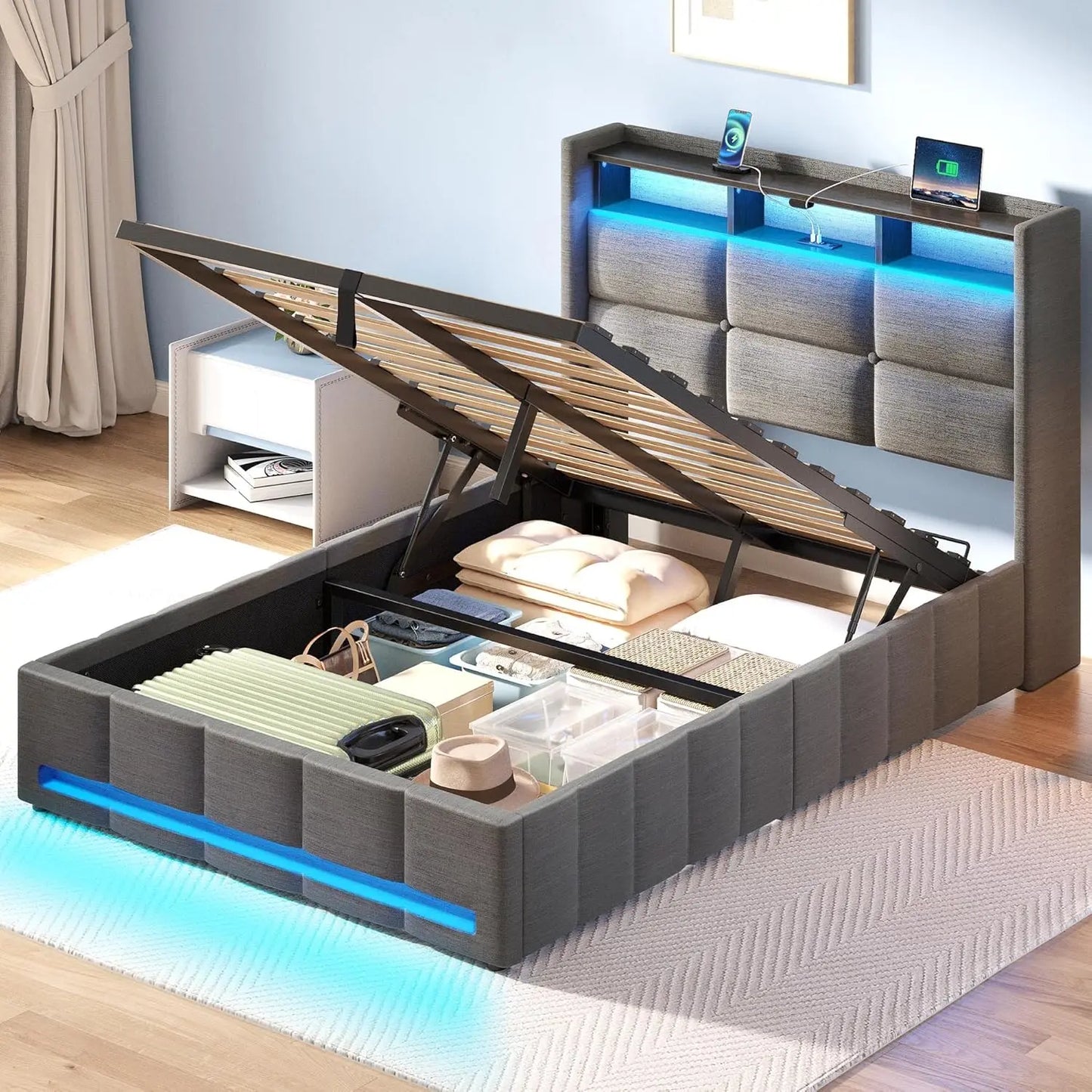 Inaya Modern Lift-Up Full Bed Frame with LED Lights and Storage Headboard