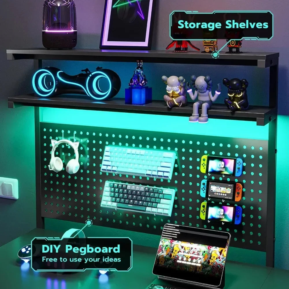 EMMA Gaming Desk with LED Lights, Pegboard, Drawers & Monitor Stand - 54.3"W