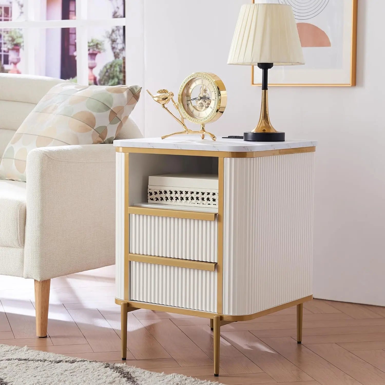 NINA Luxury End Table with Charging Station, Faux Marble Top & Gold Accents - 18''