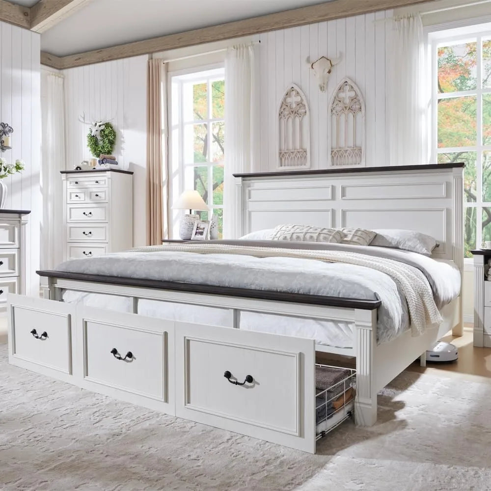 LAYLA Farmhouse Wood Platform Bed Frame with 51'' Tall Headboard & 2 Storage Drawers - 79.9'' Wide