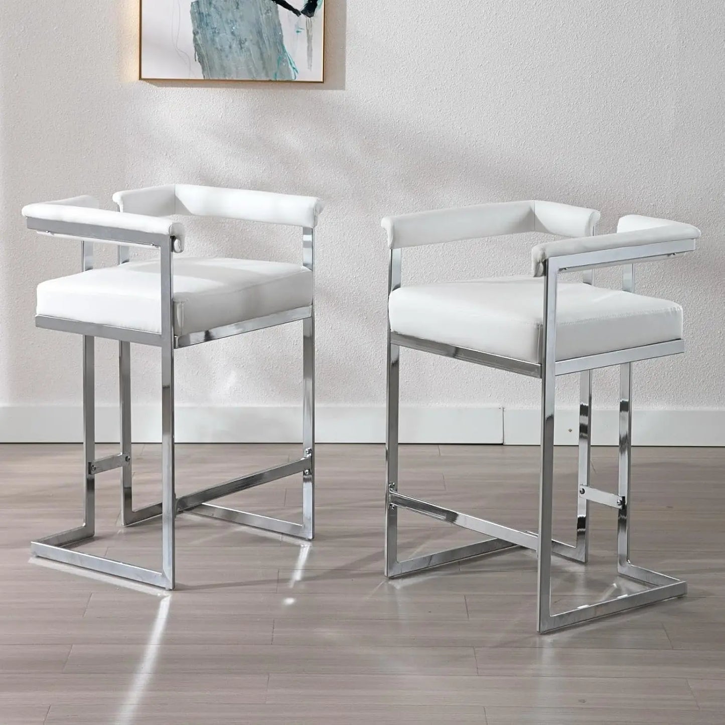 Heah-Yo Modern Pu Bar Stools Set Of 2, 26"" Counter Stools With Back Faux Leather Upholstered Barrel Barstools With Silver