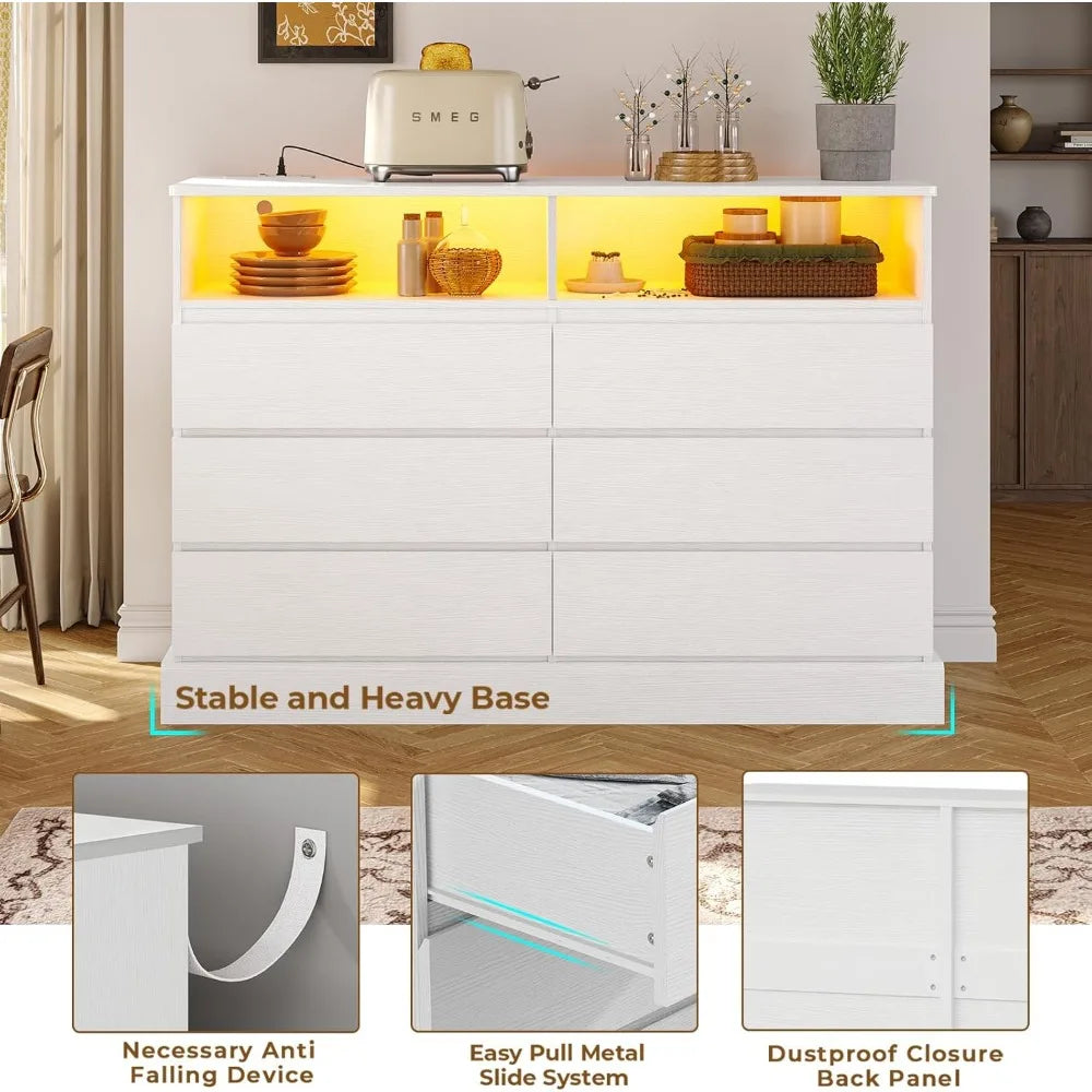 ARIANNA Modern LED Dresser with Power Outlet - 51.2" Wide Storage Chest with 6 Drawers