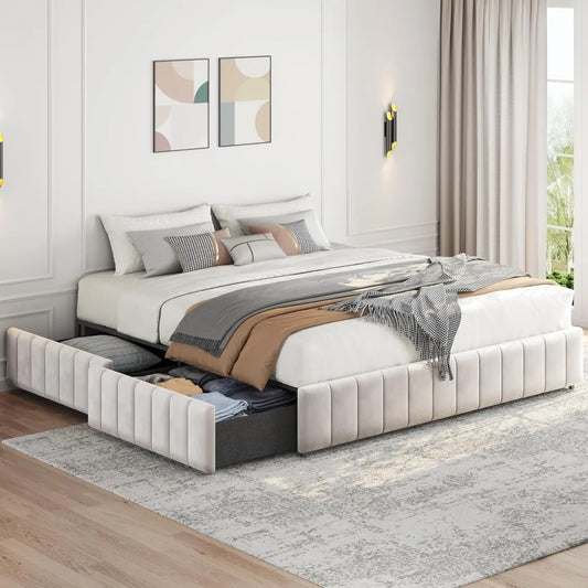 Blessing Modern Upholstered King Platform Bed Frame 79" Wide with 4 Storage Drawers