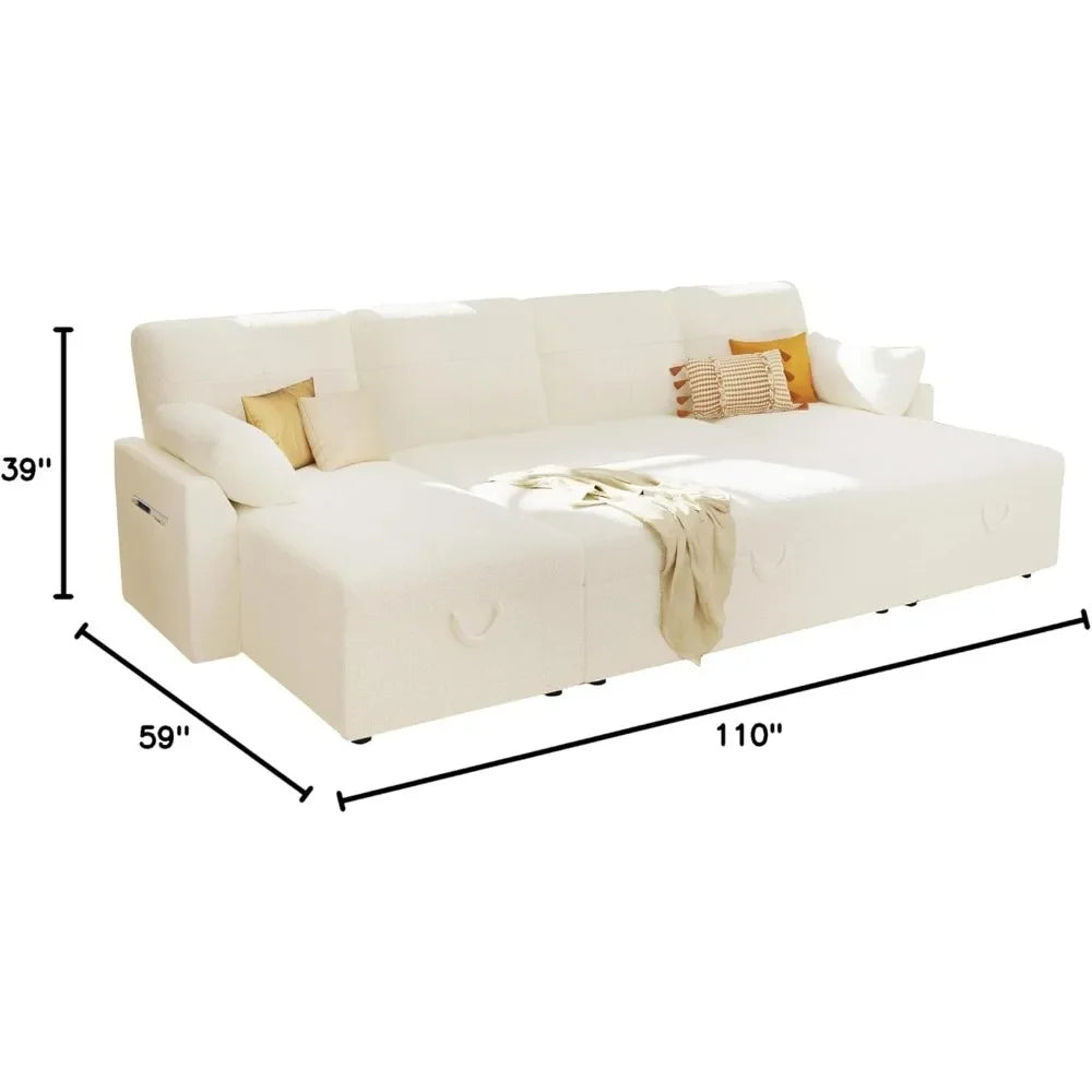 MILLER White Boucle Minimalist Sleeper Sofa Bed – U-Shaped, 110 Inch Wide