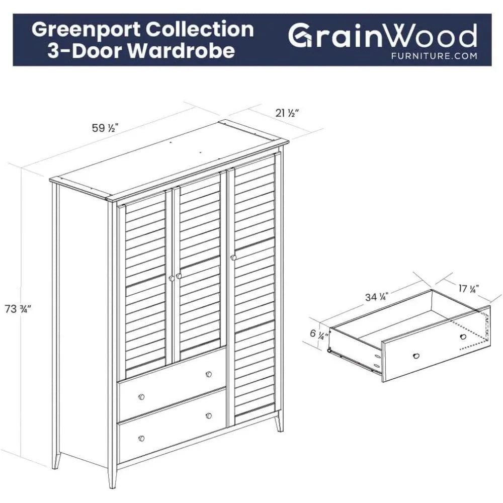 BAILEY Louvered 3-Door Wooden Wardrobe with Drawers - 59.5" Wide