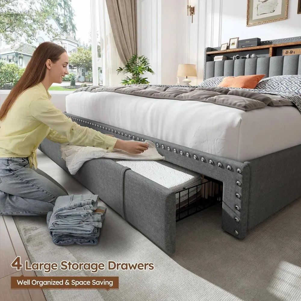 Scottie Vintage Style Queen Bed Frame with Upholstered Headboard and 62" Width Storage Drawers