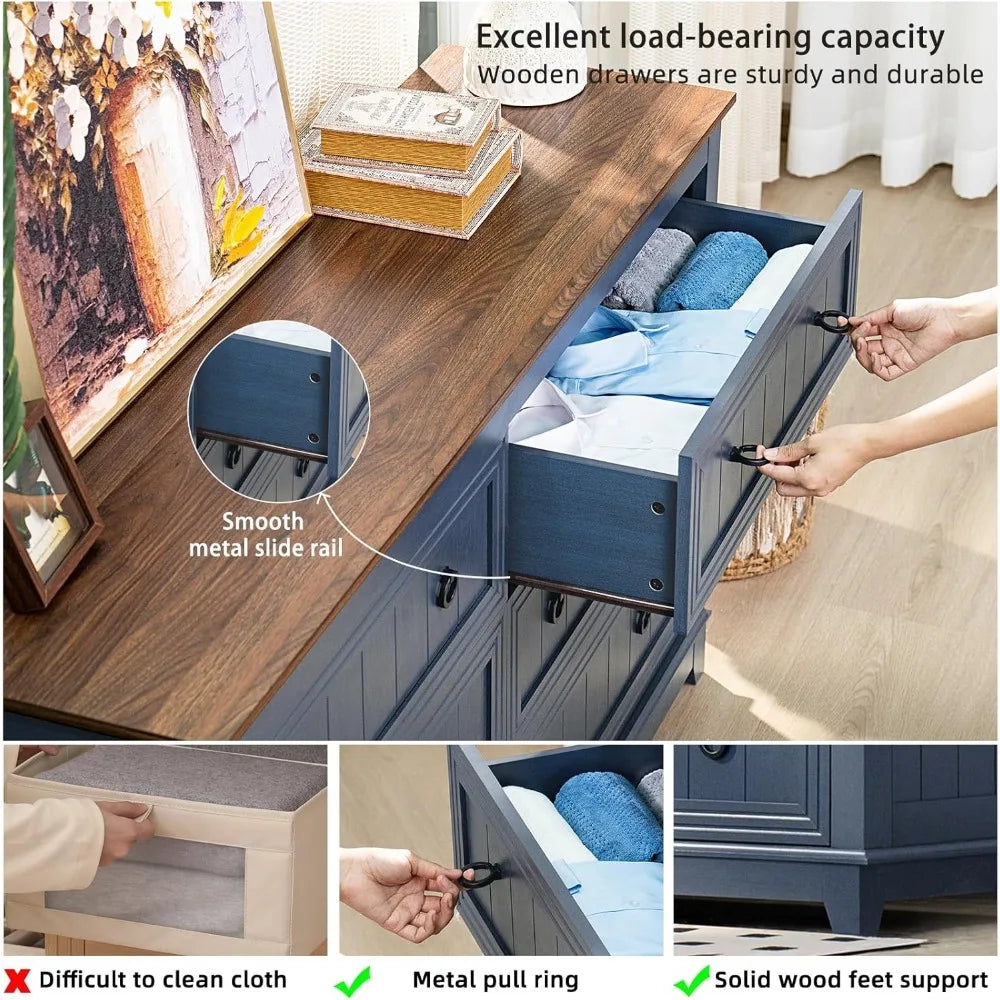 KAMILA Vintage Farmhouse 6-Drawer Wood Dresser - 54'' Wide