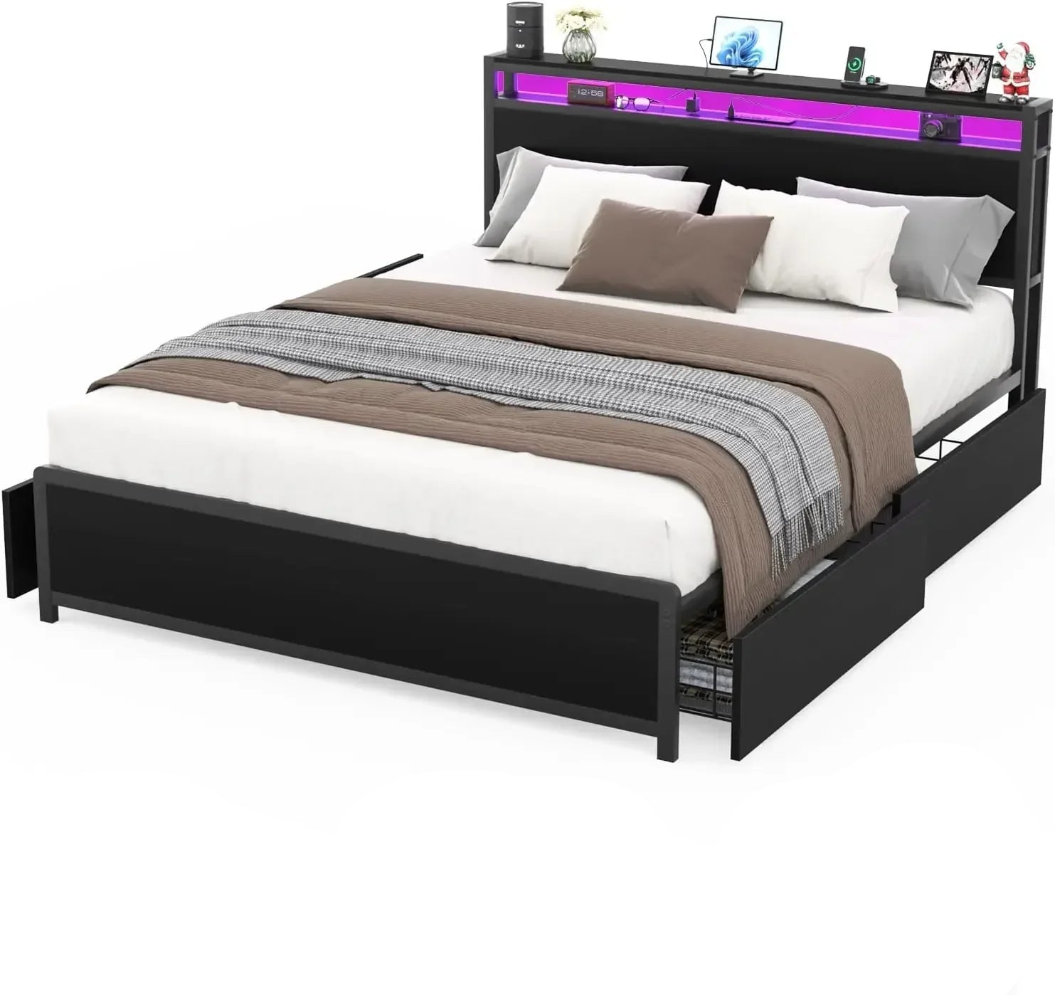 GENESIS Modern Upholstered Platform Bed Frame with LED Storage Headboard & Charging Station