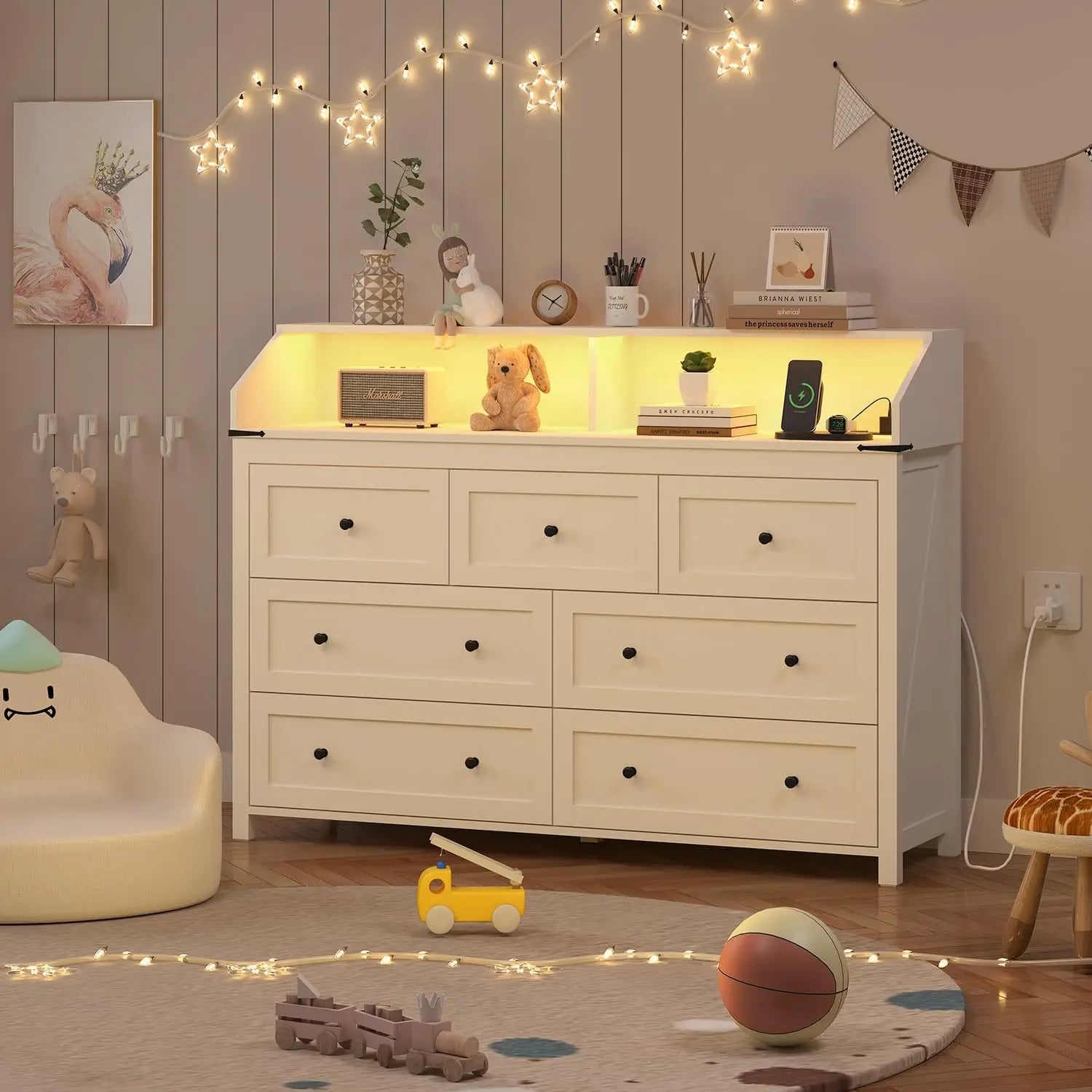 EVIE Rustic LED Bedroom Dresser – 4 Drawer Wooden Storage Chest with Open Shelf | 47.2'' W
