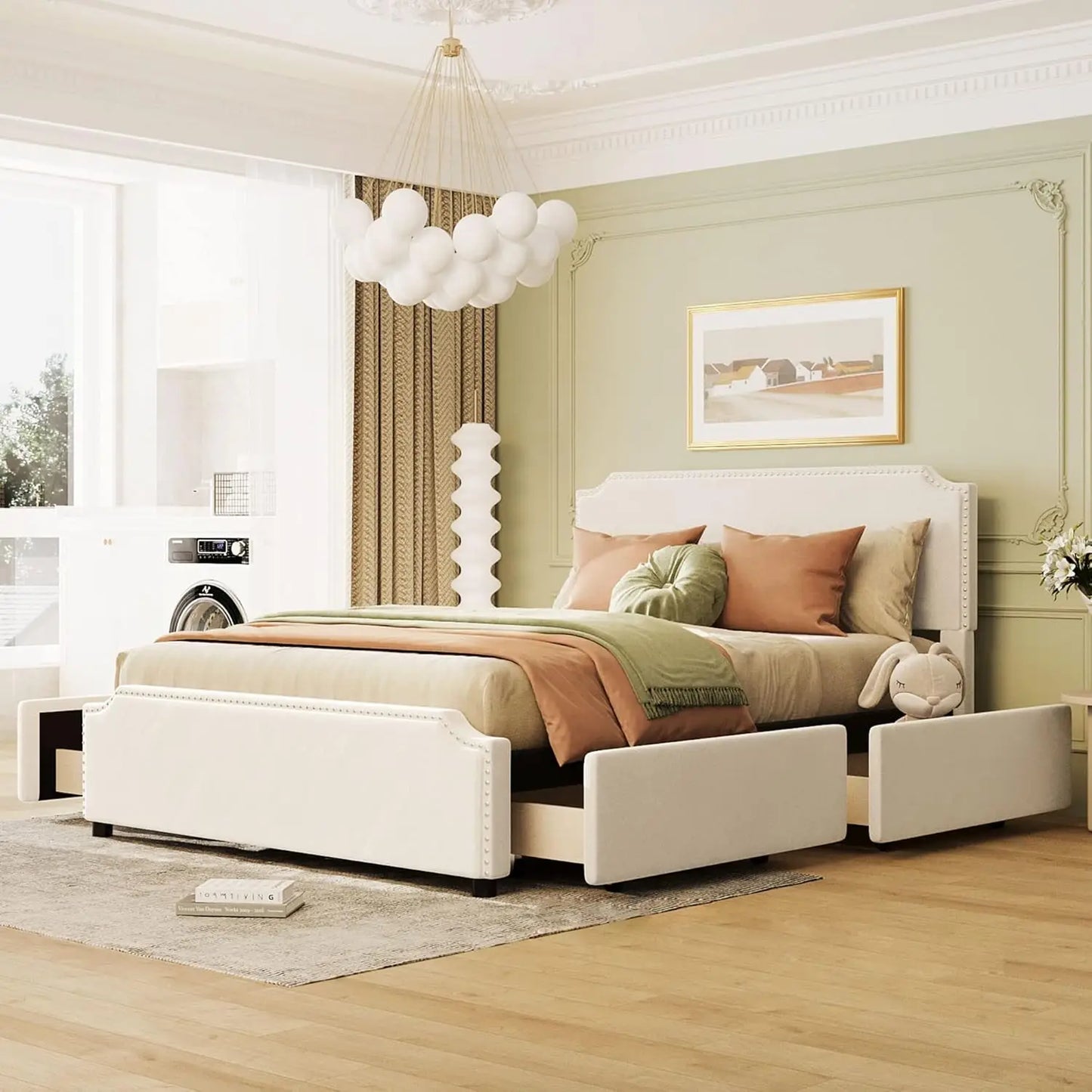 EMERY Modern Velvet Upholstered Queen Bed Frame with 4 Storage Drawers, Elegant Headboard