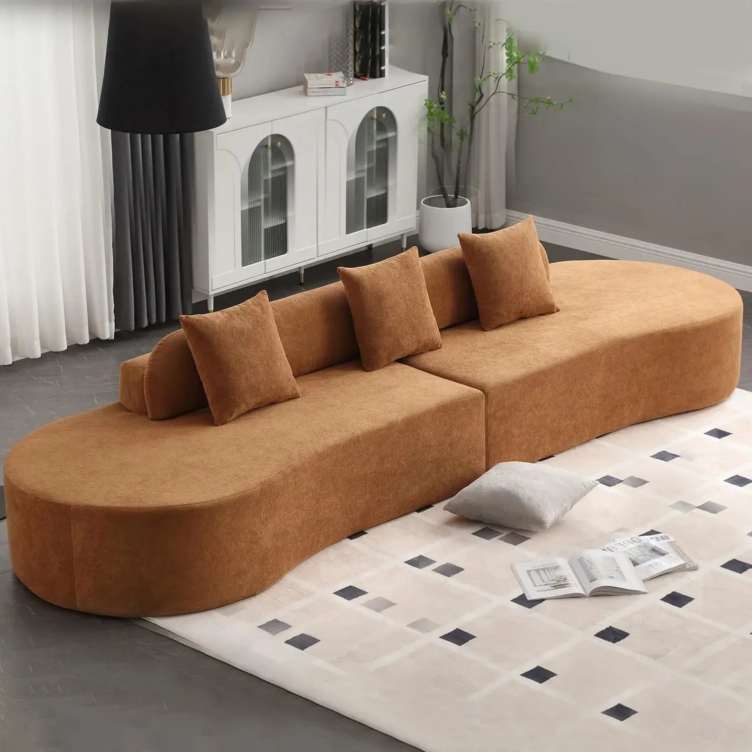 Minimalist Modern 4-Seater Curved Sectional Sofa – Terrycloth Fabric Couch – 130.5" Wide