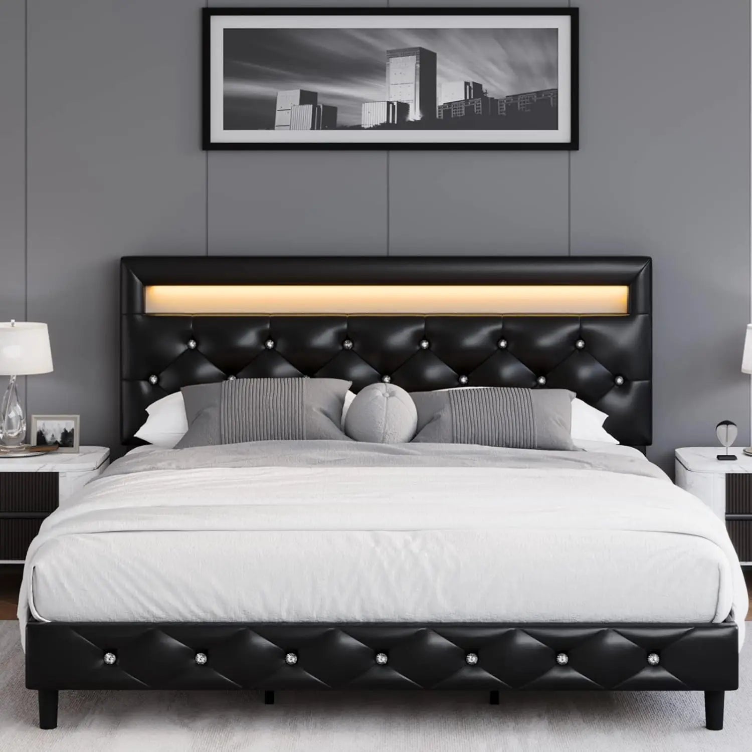 NATALIE Modern Upholstered Queen Bed Frame with LED Lights - Crystal Tufted Headboard - 60"