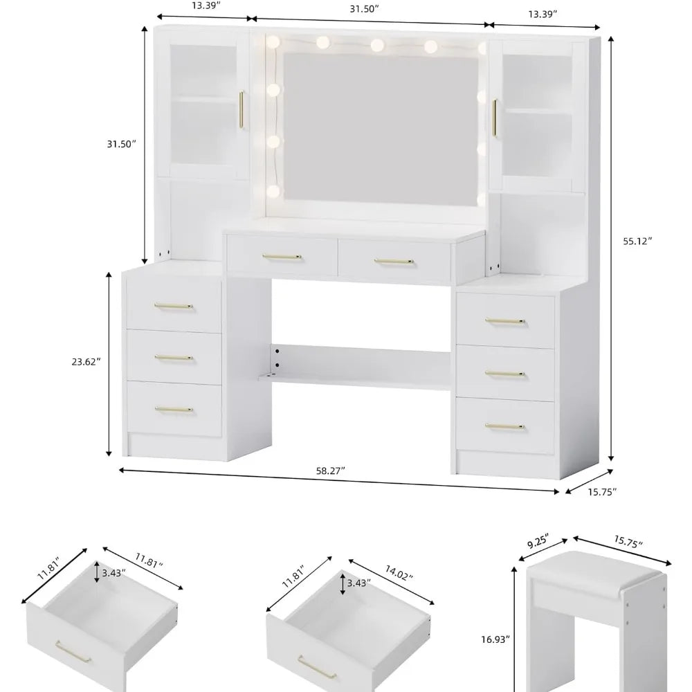 ADALINE Modern Vanity Desk with Mirror & Lights - 58.3'' Makeup Table with Drawers & Power Outlet