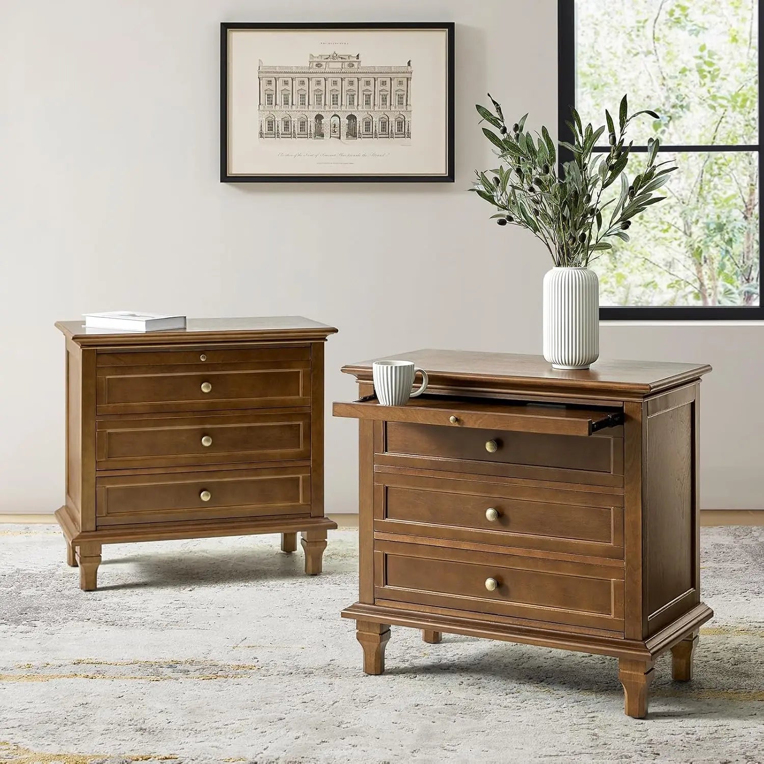 REGINA Farmhouse Nightstand Set of 2 with Charging Station, Pull-Out Shelf & Solid Wood Legs - 27''