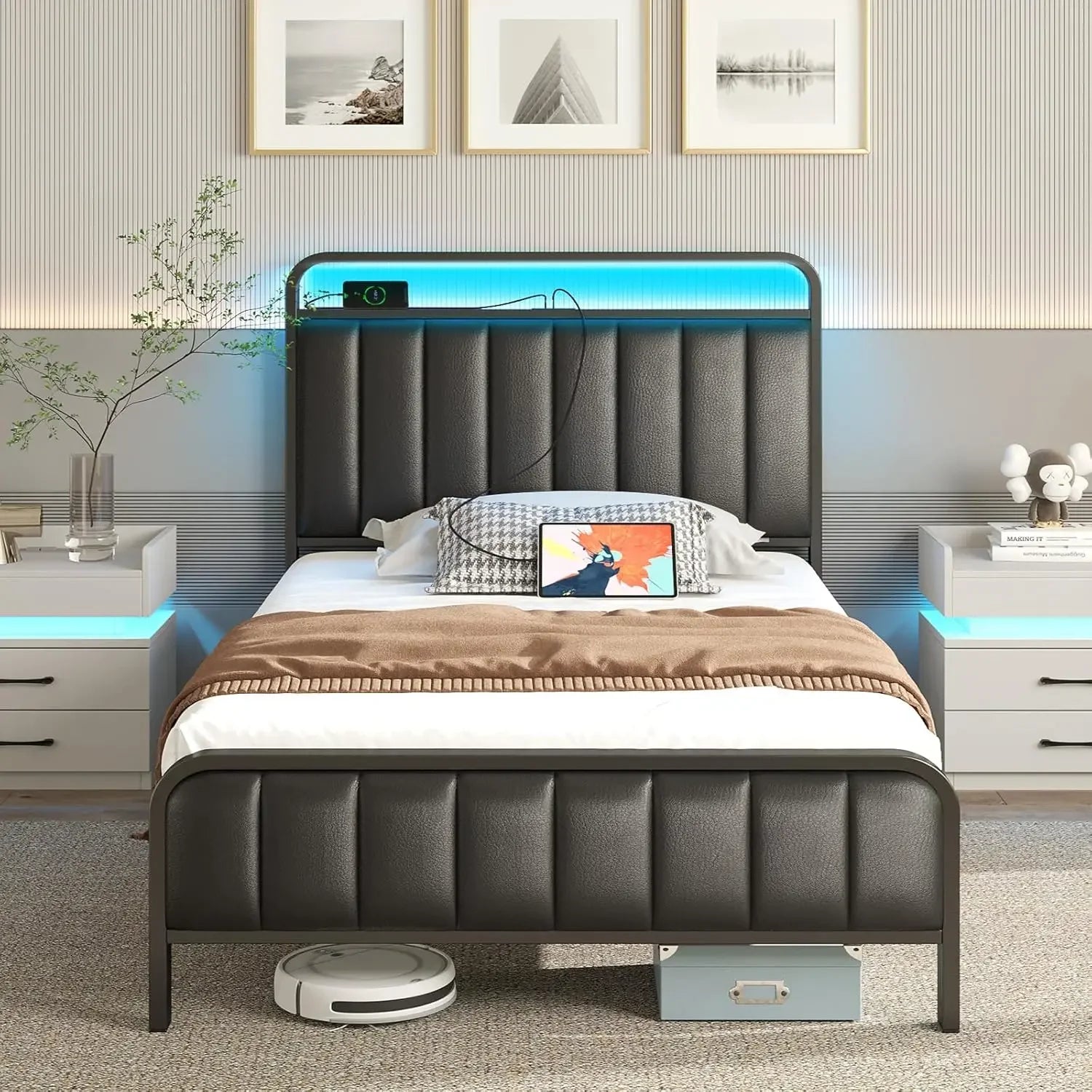 HANNAH Modern Queen Size Bed Frame with LED Headboard, Charging Station & Storage