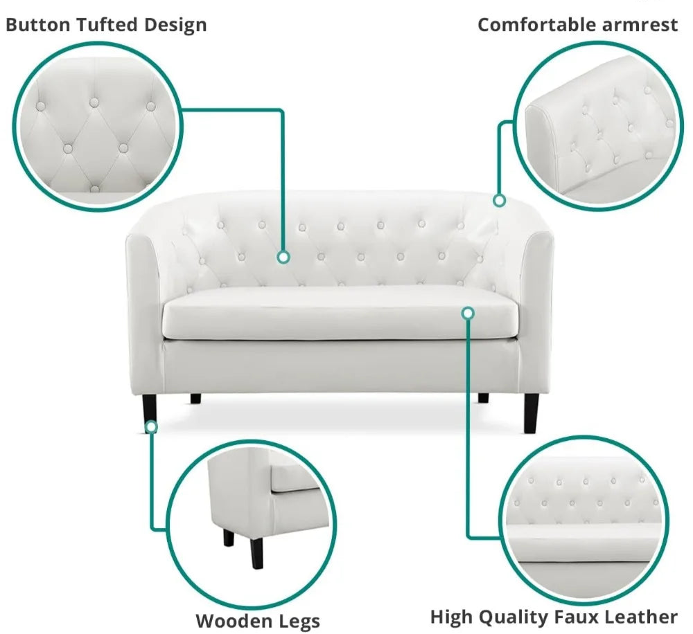 AUDREY Barrel Loveseat Sofa – Modern Faux Leather, Button Tufted - 49"