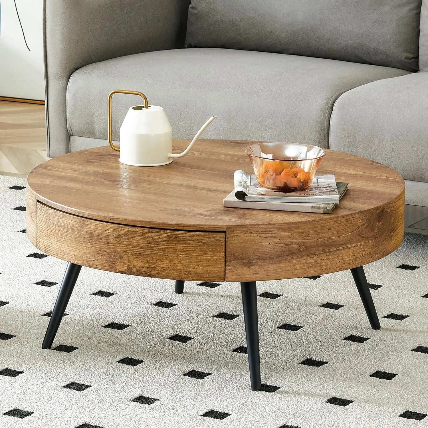 LAN Wooden Round Coffee Table with Metal Legs-31.5" W