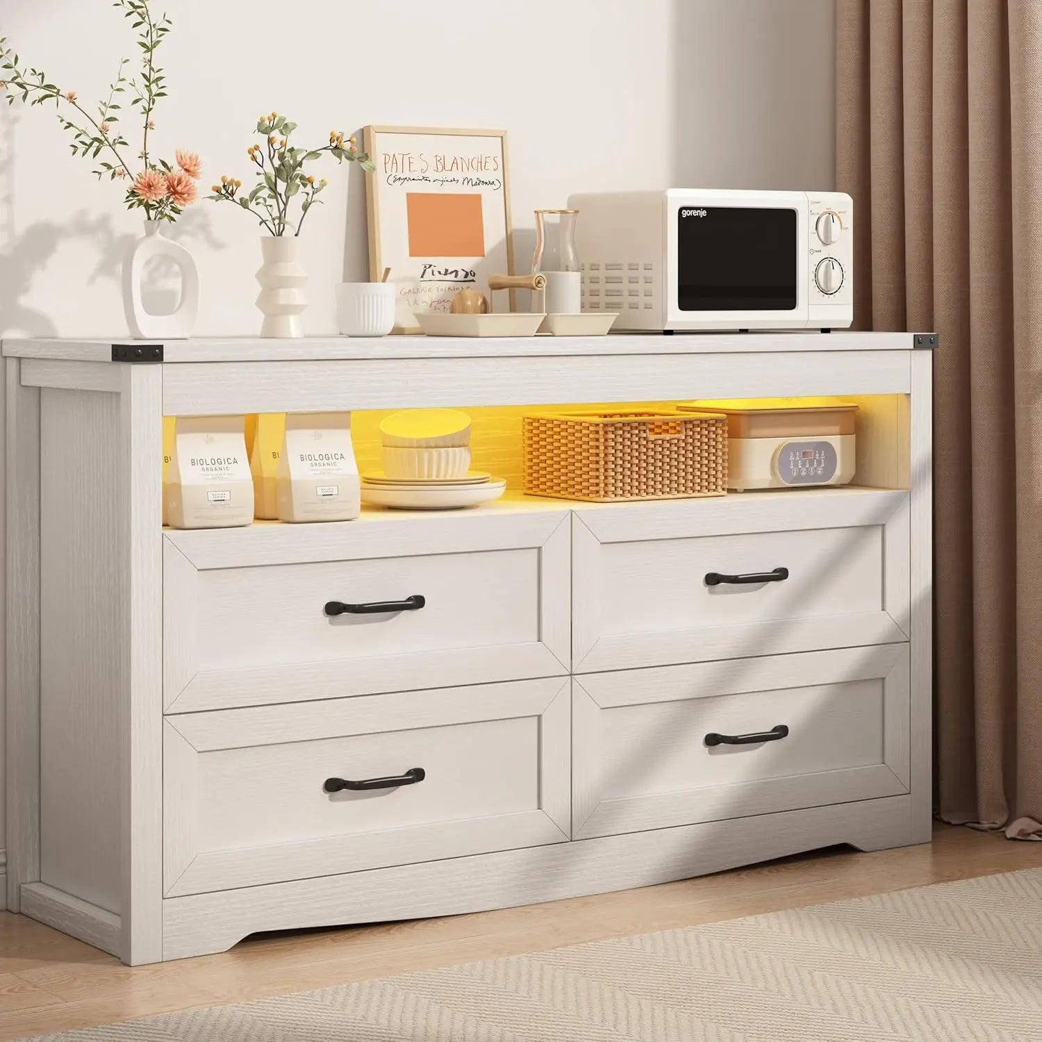 EVIE Rustic LED Bedroom Dresser – 4 Drawer Wooden Storage Chest with Open Shelf | 47.2'' W