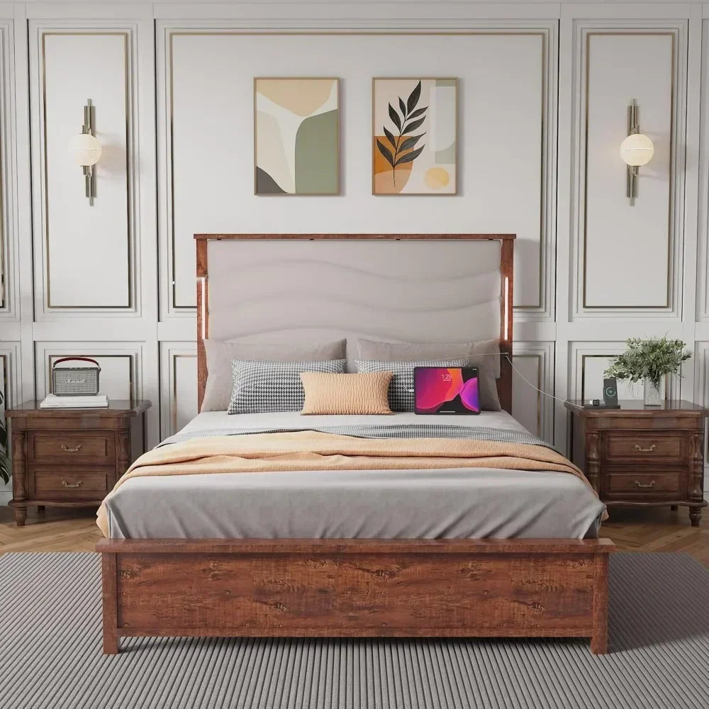 NOVA Wooden Bed Frame with LED Headboard & Charging Station | No Box Spring Needed