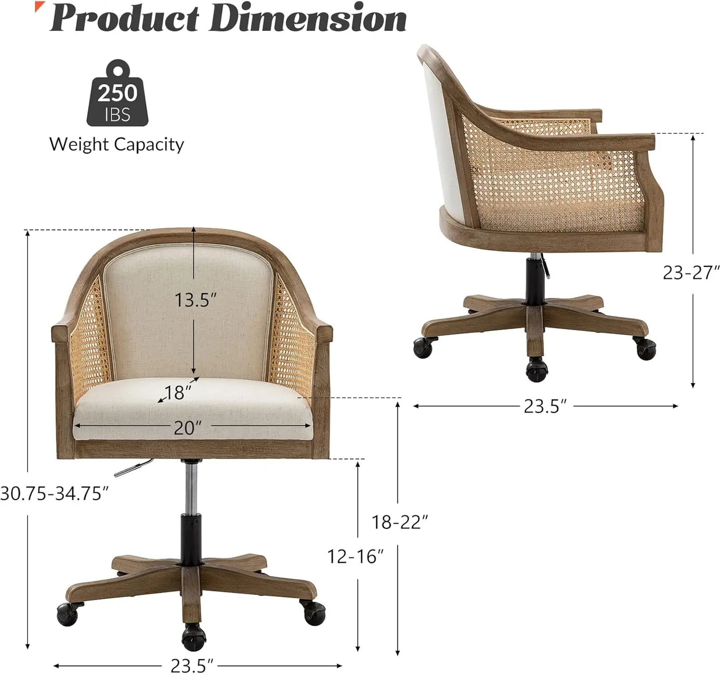 UKRAINE Upholstered Home Office Chair, Adjustable Swivel Rolling Task Chair - 23.5" W