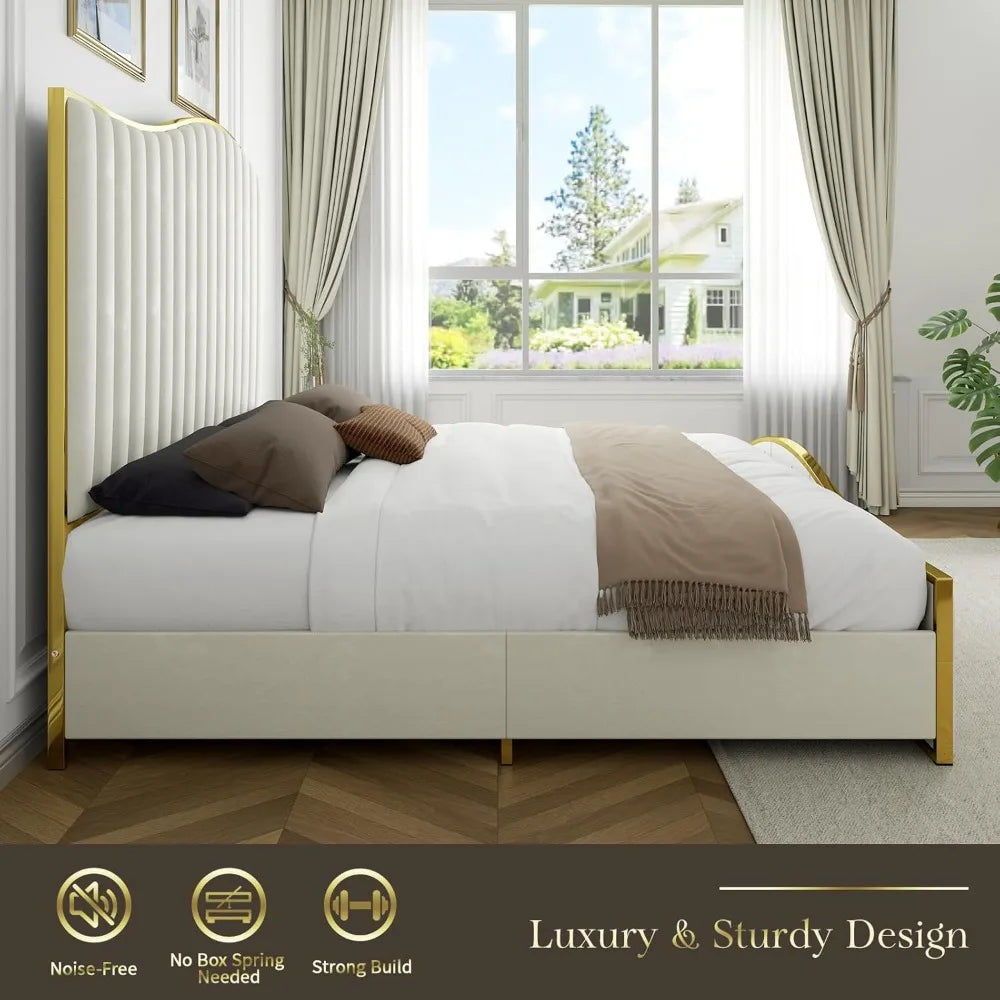 MELODY Modern Harp Velvet Platform Bed Frame – 61.4" Gold Trim Headboard & Footboard