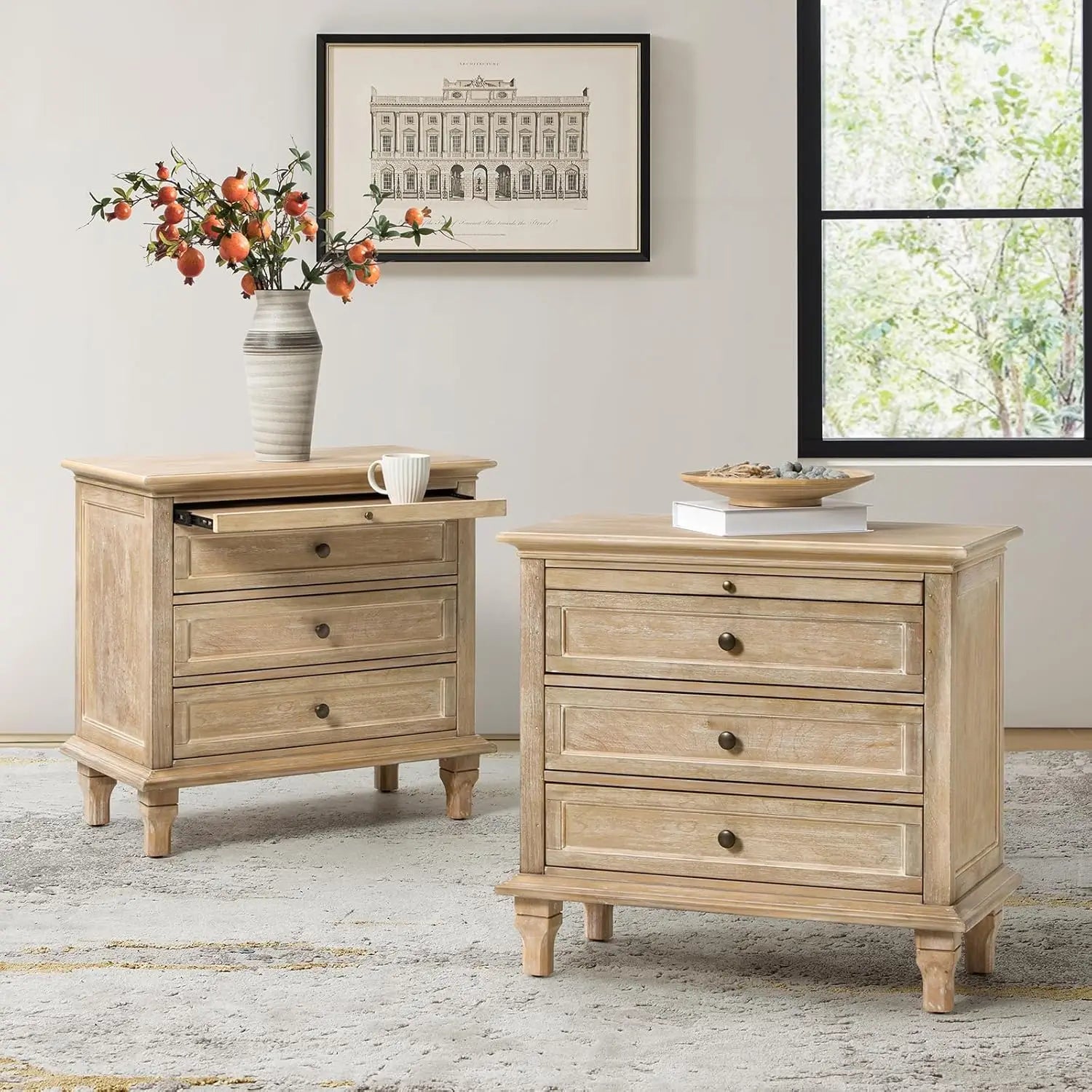 REGINA Farmhouse Nightstand Set of 2 with Charging Station, Pull-Out Shelf & Solid Wood Legs - 27''