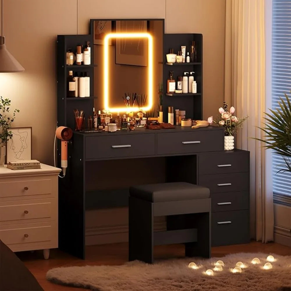 MYLA Modern Black Vanity Desk Set with LED Mirror & 6 Drawers - 43.9" Wide