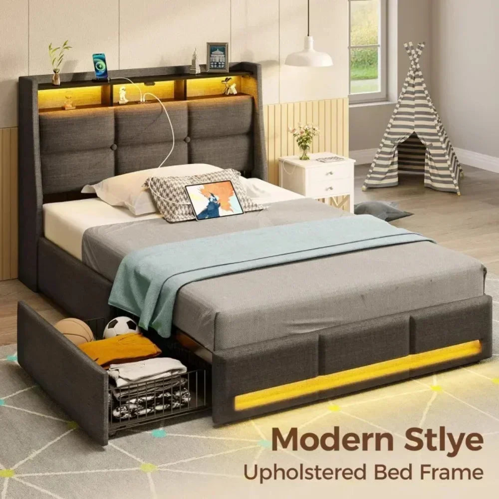 DELILAH Modern Upholstered Bed Frame with LED Lights, Storage Drawers & Charging Station