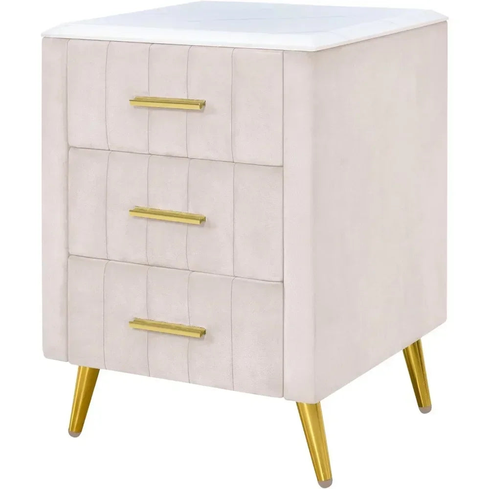 NYLAH Elegant Velvet Upholstered Nightstand with Marbled Top – 16.3" Wide, 3-Drawer End Table