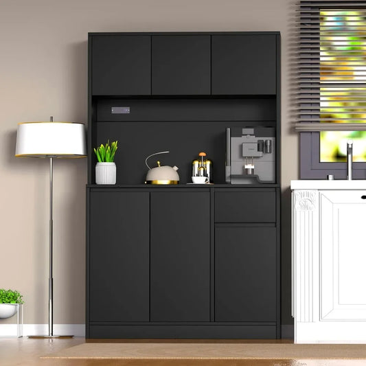 71" Tall Black Kitchen Pantry Cabinet, Kitchen Pantry Storage Cabinet with Power Outlet, Kitchen Hutch with Countertop, Cabinets