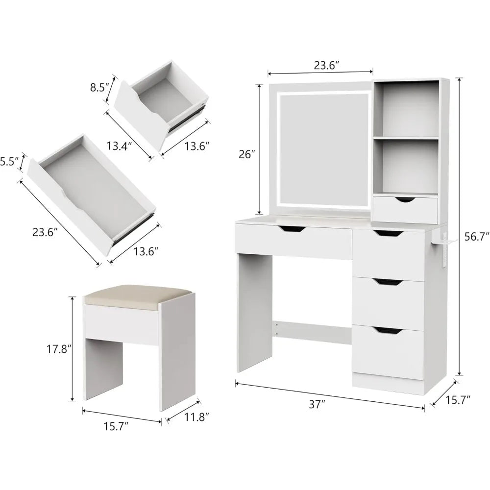 ALANA Modern LED Vanity Desk with Storage & Power Outlet - 37''