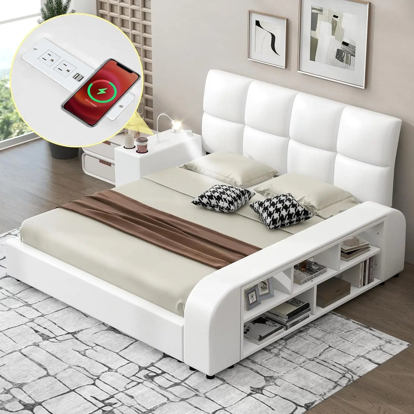 Kaeli Modern Smart Upholstered Bed Frame | Queen Size 81.5" Wide Faux Leather Platform Bed