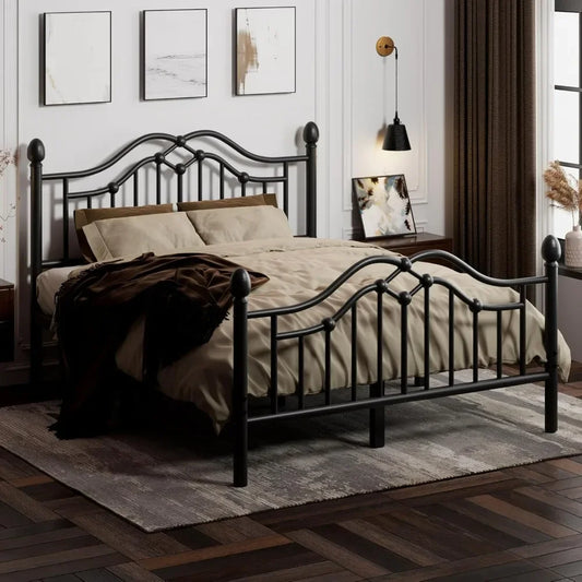 SOPHIE Queen Size Vintage Metal Platform Bed Frame with Elegant Headboard & Footboard – 61'' Wide