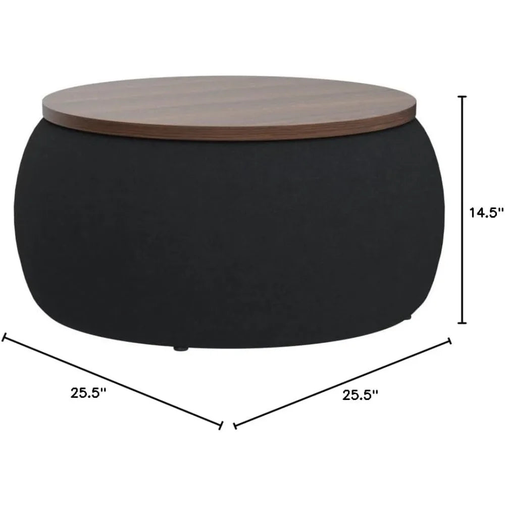 JUSTIN Modern Round Storage Ottoman with Wooden Lid – 25.5" W