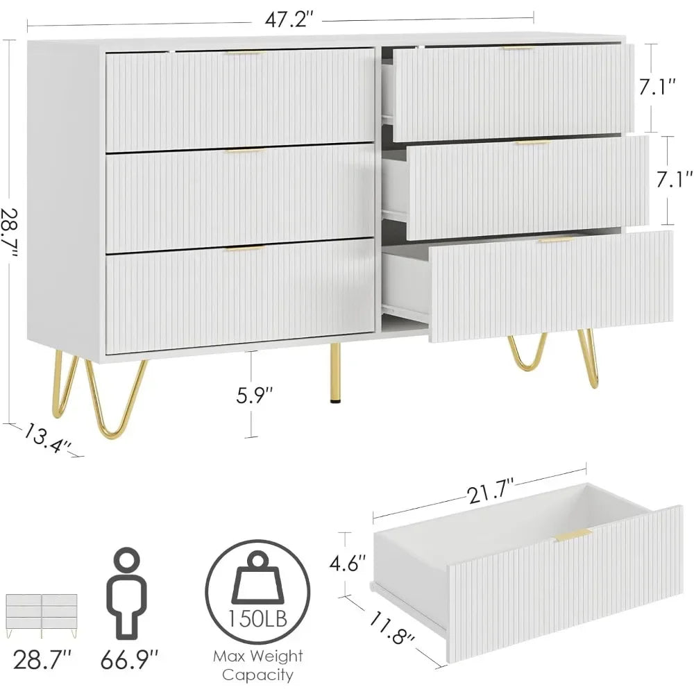 REESE Modern 6-Drawer Dresser - 47.2"W Chest of Drawers for Bedroom & Living Room