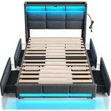 DELILAH Modern Upholstered Bed Frame with LED Lights, Storage Drawers & Charging Station