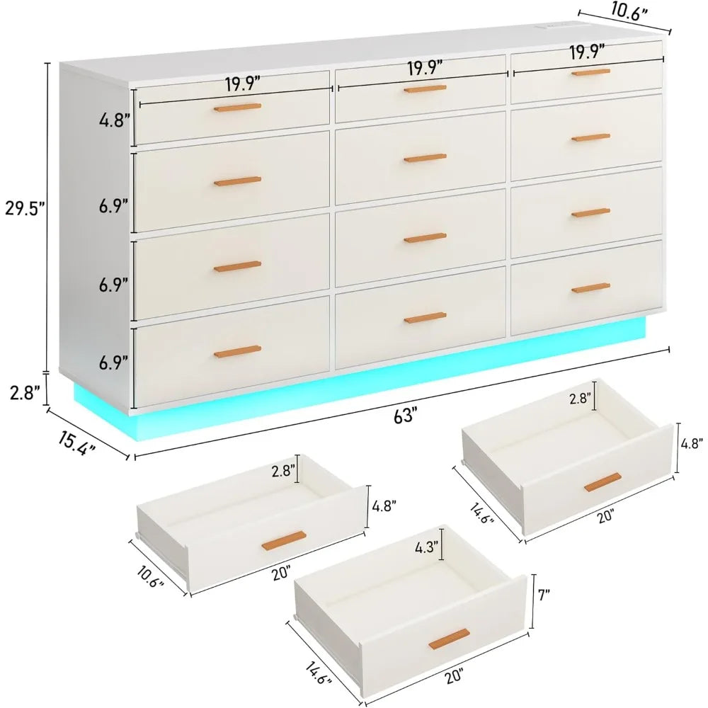 ELSIE Modern 12-Drawer Dresser with LED Lights & Power Outlet - 63'' Wide