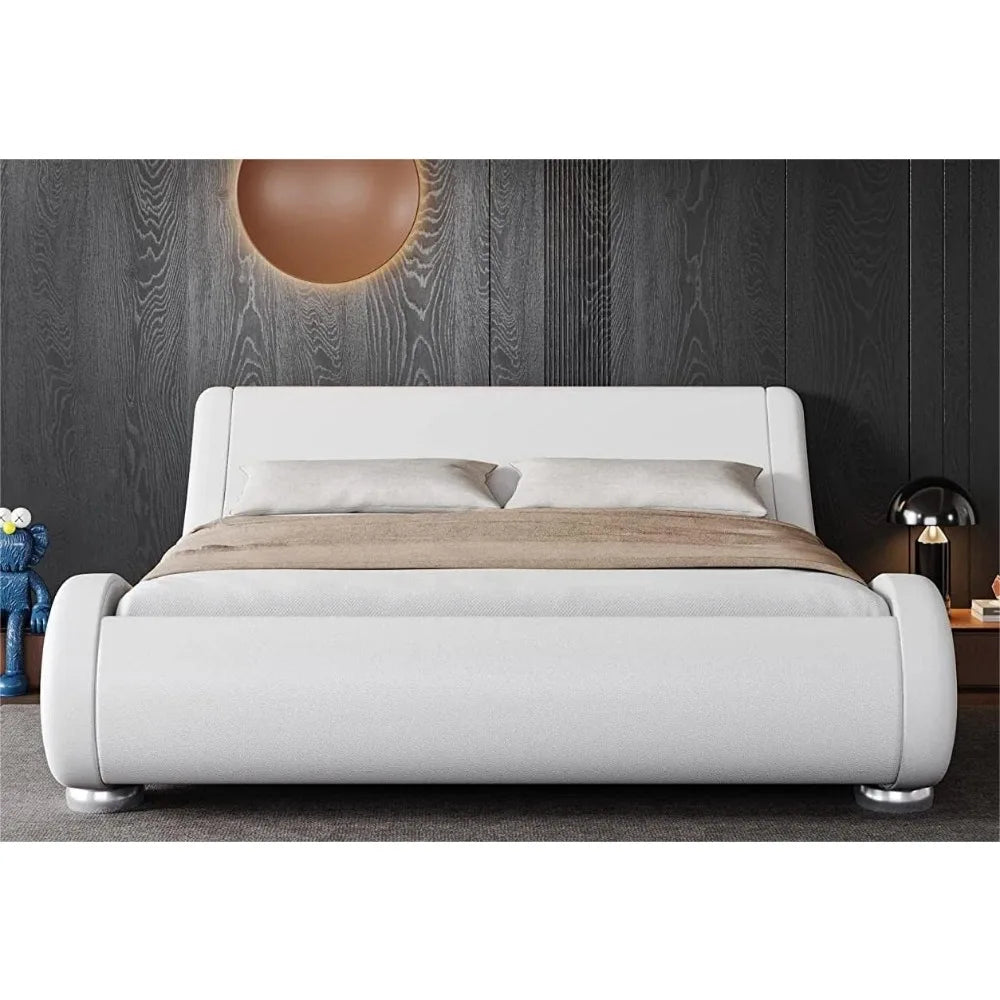 EMMA Aubrielle Modern Sleigh Platform Bed Frame | Queen Size 68'' Wide Faux Leather Upholstered Bed