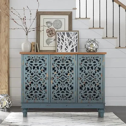 ALESSIA Vintage Carved Wood Accent Cabinet - 31.5" Tall Distressed Storage Cabinet
