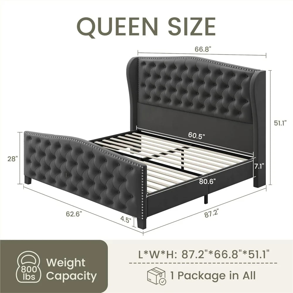 ALICE Luxury Wingback Velvet Upholstered Platform Bed Frame with Button Tufted Headboard